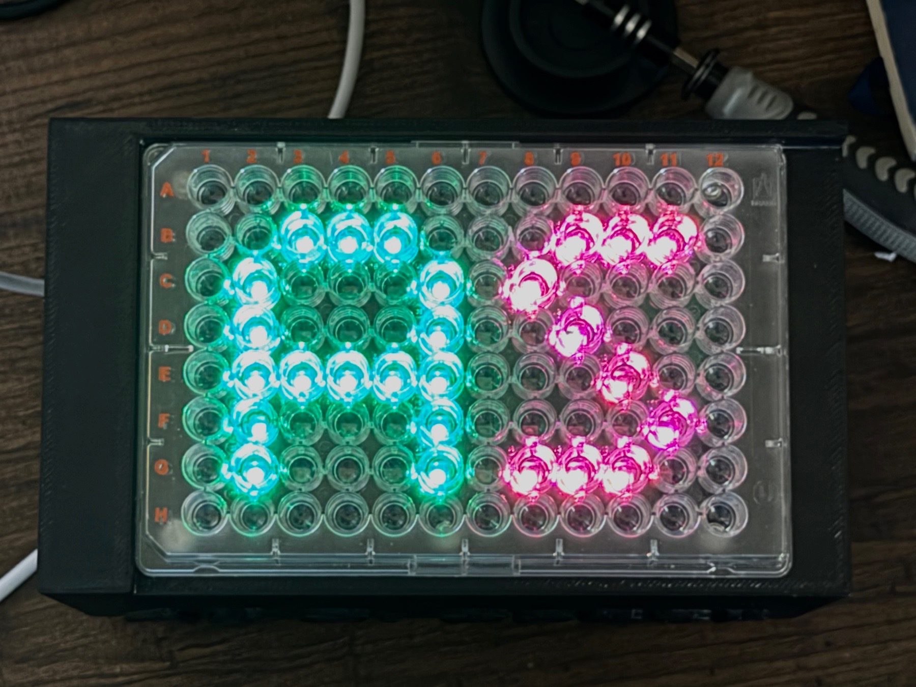 Black 3D-printed 96-well plate tracker with a transparent laboratory plate seated above its illuminated LED grid